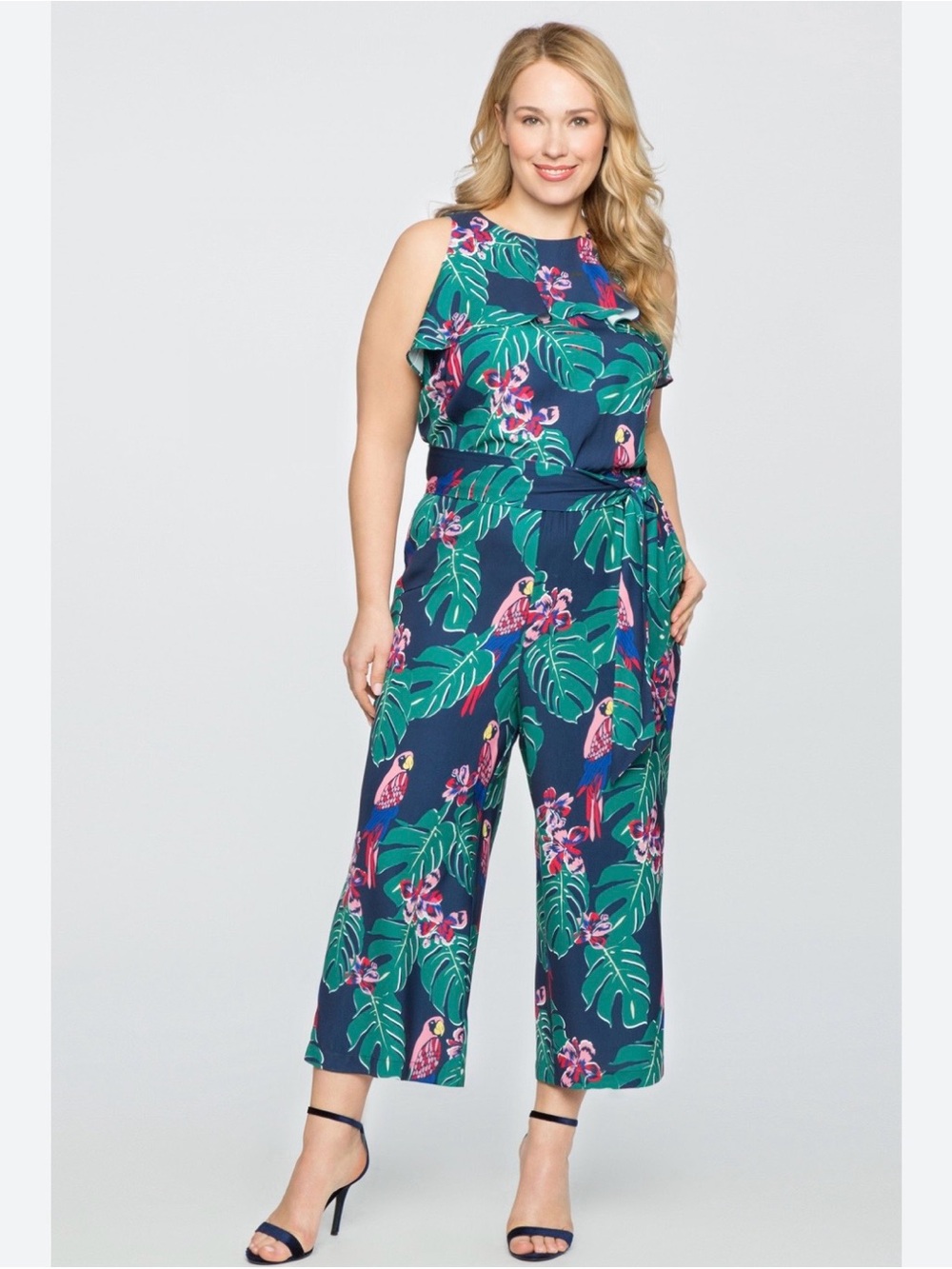 Draper James Navy Jumpsuit with Green and Pink Tropical Print